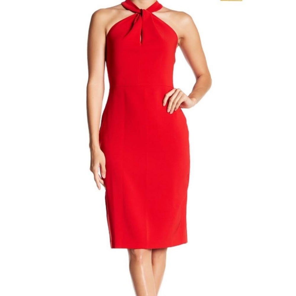 Red Twist Neck Crepe Halter Dress